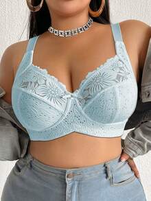 DesireSculpt Plus Size Lace Patchwork Non-Wired Bralette Single Piece - Mint Blue - View 3