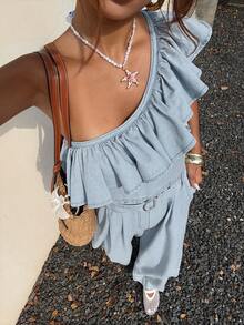 DAZY Ruffled Asymmetric Shoulder Cinched Waist Women's Denim Jumpsuit Romper Vacation Light Blue Summer Sexy Elegant - Blue - View 5
