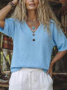 Zayélia Blusa holgada de mujer con cuello en V y botones de estilo lino sintético, nueva temporada - Azul - Ver 4