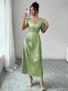 Elenzga 女款V領通勤優雅收腰百褶派對聚會出遊休閒度假年會婚禮秋冬新年春夏金屬色短袖長洋裝 - 綠色 - 查看 5