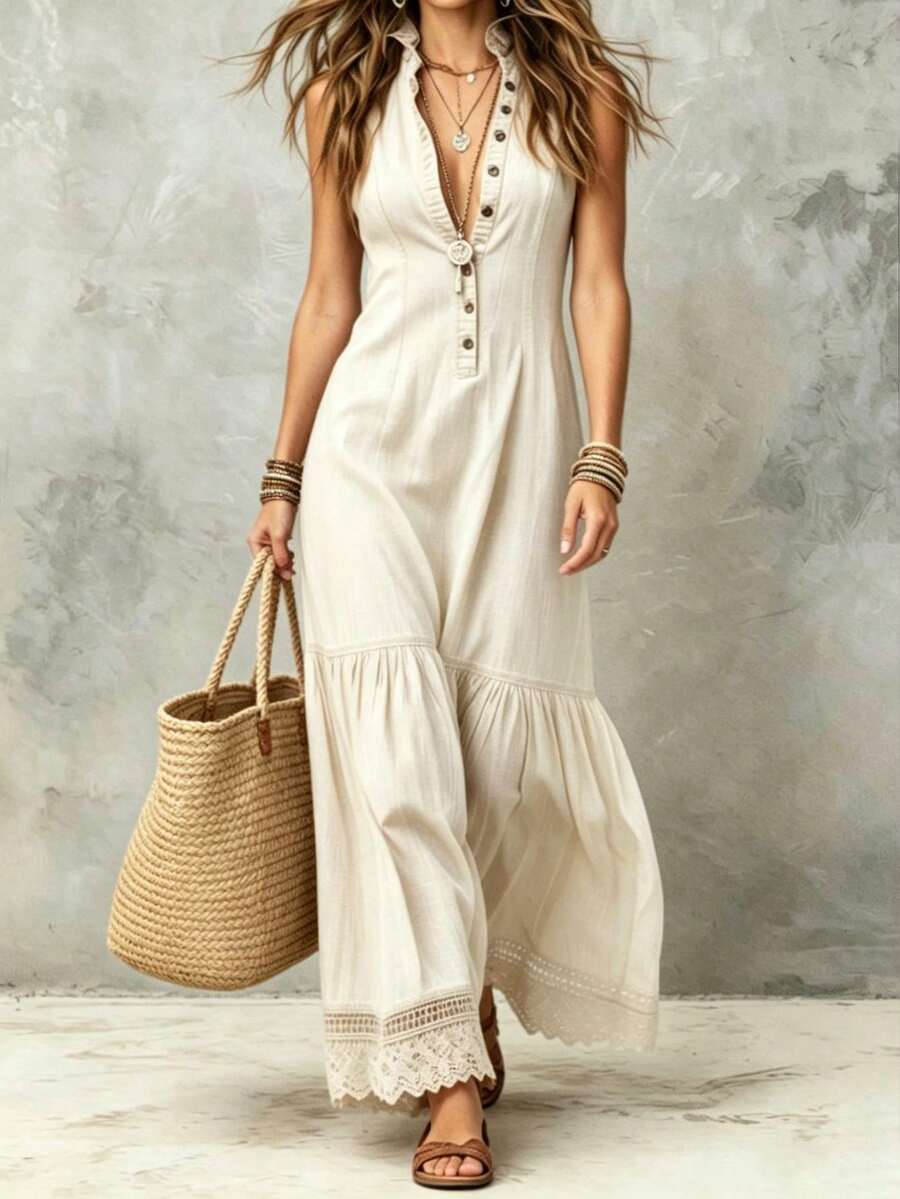 SHEIN LUNE Beige Dress For Women Vacation Style Beach Summer Boho - White - View 1