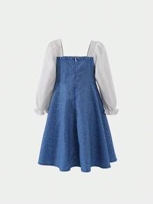 SHEIN 女童幼兒洋裝，附3D花朵飾品，長版泡泡燈籠袖，拼色數位印花，藍色秋季款 - 藍色 - 查看 7