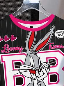 LOONEY TUNES X SHEIN Áo thun nữ tay ngắn cổ tròn in họa tiết tối giản - trắng - Xem 4