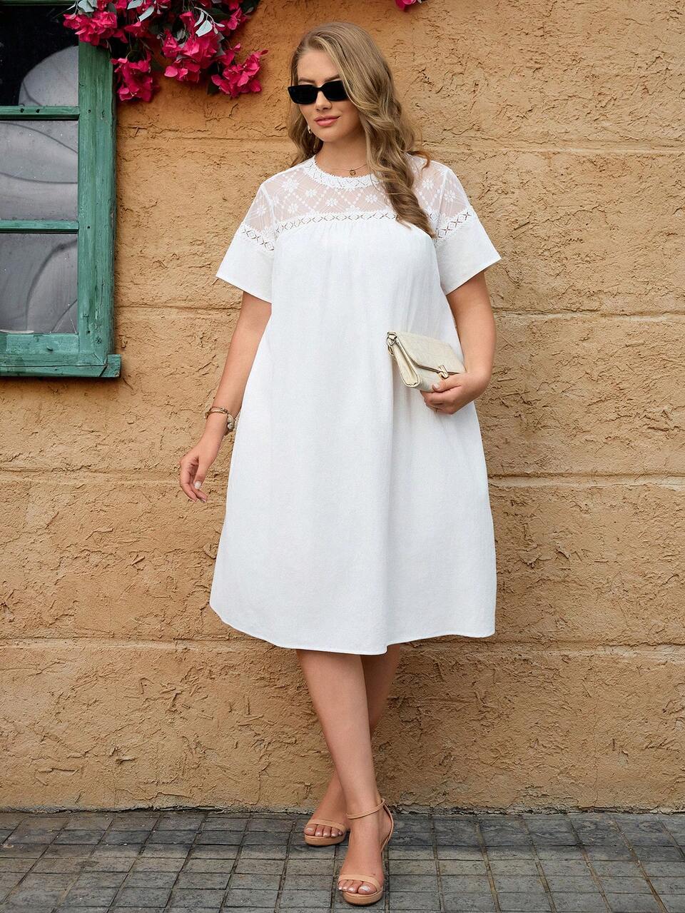Women's Plus Size Vacation Minimalist Lace Patchwork Pleated Fashion Dress Summer Outfits For Women White Dress For Women Work Outfits For Women White