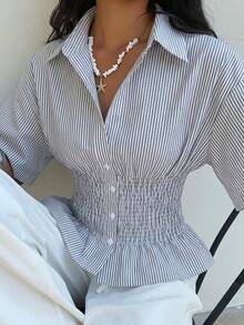 SHEIN EZwear 女士藏蓝色条纹修身梭织衬衫 - 藏蓝色 - 查看 3