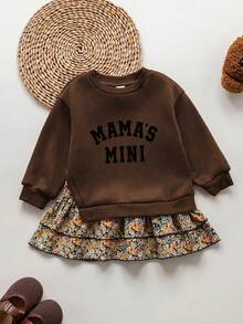 SHEIN 兒童小女孩 Mama's Mini 印花卡其色運動衫花朵裙運動衫洋裝，復古時尚百搭休閒日常穿搭秋冬，優雅拼色長袖針織花朵洋裝，百搭可愛，適合出遊、校園、日常穿著，完美的生日與聖誕禮物，Mama's Mini 印花 - 棕色 - 查看 3