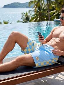CoralVoy Men's Patch Patchwork Drawstring Waist Pocket Patch Beach Shorts - Baby Blue - View 5