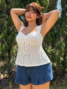 SHEIN EZwear 大尺碼女款素色百褶休閒百搭日常上衣 - 黑與白 - 查看 8