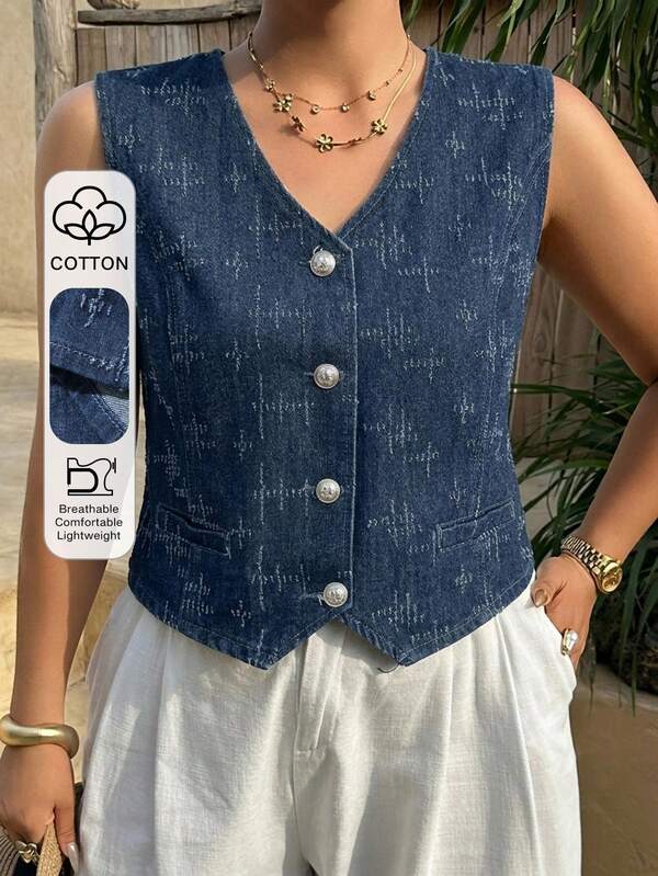 Dazy Plus Textured Fabric Cropped Open Front Western Cowgirl Sleeveless Denim Vest, Plus Size Women, Spring/Summer Vacation