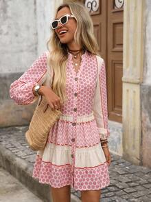 Brillora Vestido elegante de mujer con textura dulce, abotonadura sencilla y bajo con volantes - Rosa - Ver 3