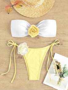 Swim Mod 女款夏季海灘3D花卉裝飾平口比基尼上衣與三角泳褲兩件式泳裝套裝 - 黃色 - 查看 3
