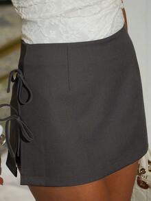 Sandy Gomes A-Line Mini Skirt With Bowknot Waist & Side Slit For Women, Stylish Design, Spring/Summer - Dark Grey - View 5