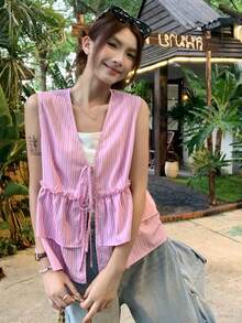 K-Vae Women's Sweet Pink And Red V-Neck Sleeveless Versatile Top With Double Layer Ruffle Vest Everyday Summer Frenchy - Pink - View 5