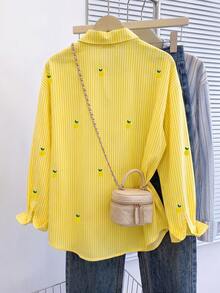 Resyla Top pour femmes, motif à rayures de citron imprimé sur tout le vêtement, design frais et léger, style Ins, chemisier ample à manches longues décontracté pouvant être porté de deux façons, cadeau idéal pour la meilleure amie et la petite amie, cadeau amusant, nouveau Top pour femmes en automne/hiver, pour la remise des diplômes, la rentrée scolaire, la remise des diplômes, les enseignantes, la rentrée scolaire d'automne, les cadeaux de Nouvel An, les cadeaux de Noël - Multicolore - Voir 2
