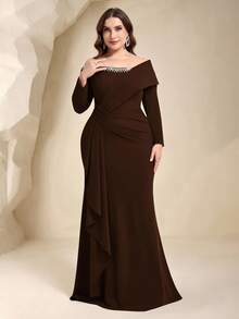 Coutiva Vestido de noche formal de talla grande (muy enjoyado) - Marrón - Ver 3