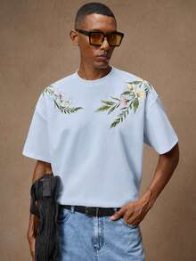 AKNOTIC Business Casual 男士花卉刺繡時尚休閒寬鬆短袖彈性刺繡T恤，適合夏季、度假、日常穿著、派對、情侶、男士禮物 - 淺藍色 - 查看 4