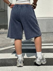 Muchica Plus Size Summer Casual Sports Shorts With Drawstring Waist And Slant Pockets - Blue - View 2
