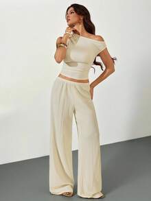 SHEIN Tall Apricot Knit Oblique Shoulder Fitted Casual Loungewear Set, Summer - Apricot - View 7