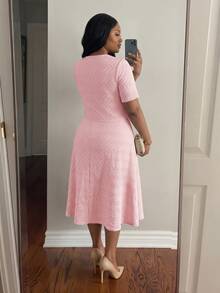 SHEIN Lady Plus Size Women's Textured Fashion Elegant Round Neck Short Sleeve Dress Evening Pink Summer - Pink - View 2