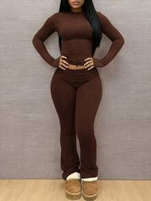 INAWLY Solva Women's Solid Color Long Sleeve T-Shirt And Flare Pants Casual 2 Pieces Set - Coffee Brown - View 2