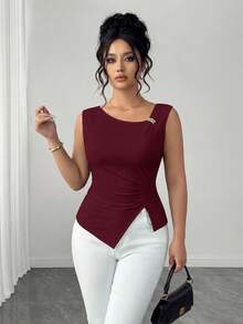 Elenzga Plus Size Women's Minimalist Elegant Sleeveless Tank Top With Split Hem - Burgundy - View 6