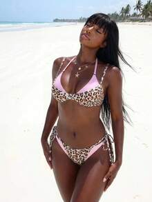 Amplova Women's Leopard Print Color Block Two Pieces Set, Sexy And Avant-Garde, Suitable For Vacation Outfits, New Arrival Festival Independence - Pink - View 10