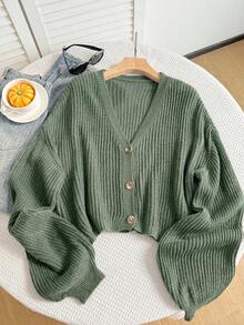 SHEIN EZwear 橄欖綠大尺碼鈕扣V領寬鬆長袖毛衣 - 橄欖綠 - 查看 3