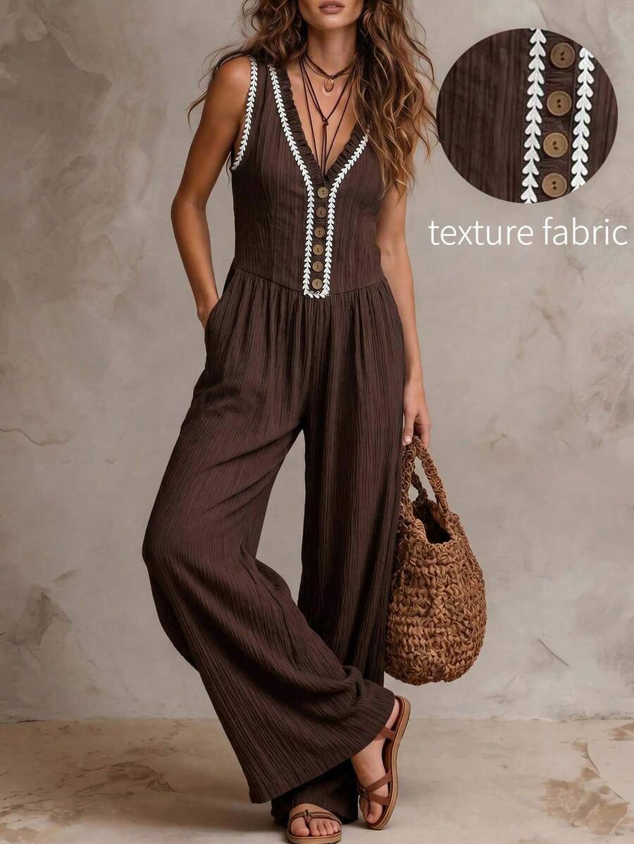 Solivie V-Neck Wide Leg Jumpsuit Elegant Vacation - Coffee Brown - View 1