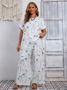 EMERY ROSE Plus Size Women's Floral Print Asymmetric Hem Shirt And Pants Casual Boho Set Vacation White Summer - Multicolor - View 4