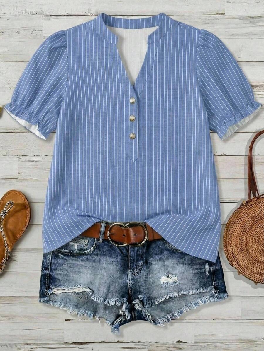 EMERY ROSE Plus Size Women's Striped Colorblock Notch V-Neck Casual Versatile Daily Outing Shirt - Multicolor - View 1