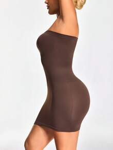 SHAPORA Women's Minimalist Solid Color Elastic Bandeau Bodycon Dress - Brown - View 6