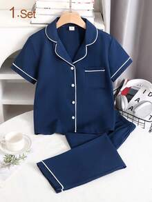 Boys' Woven Lapel Open Front Short Sleeve Top And Casual Long Pants 2 Pieces Loungewear Set - Navy Blue - View 3