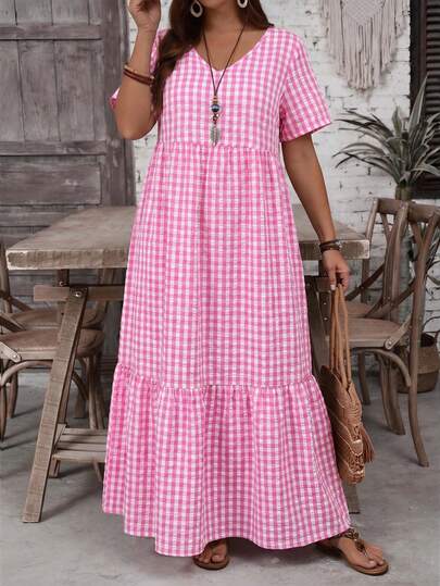 EMERY ROSE Plus Size Women's Gingham V-Neck Short Sleeve Ruffle Hem Casual Summer White Boho Vacation Holiday Dress,Western Country Concert Mother's Day Outfits