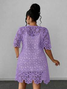 Maweii Plus Size Solid Color Hollow Out Round Neck Short Sleeve Dress - Mauve Purple - View 2