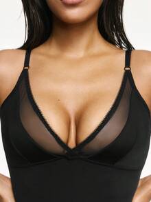 SHAPORA Top con base de malla, ribete de encaje y tirantes ajustables sin relleno, de unicolor - Negro - Ver 7