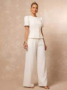 Lumalex Women's Elegant High Neck Gigot Sleeve Slim Fit Ivory Short Sleeve Blazer, Waist-Cinching Elegant Women's Blouse, Outing Top, Women's Outing Top, Women's Office Blouse, Women's Office Blouse, Formal Business Blouse, Luxurious New Year New Look, Low-Key Luxury, Ball Party Gathering Banquet, Low-Key Luxury, Sparkling Holiday Party Celebration - Apricot - View 12