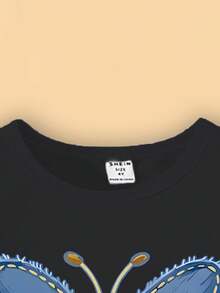 Girls' Casual Butterfly & Denim Print Graphic Tee, Cute & Comfortable For Spring, Summer, Fall - Black - View 4
