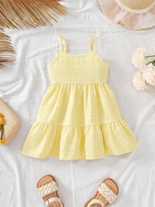 SHEIN 女嬰可愛夏季度假紋理寬鬆吊帶洋裝 - 芥末黃 - 查看 4