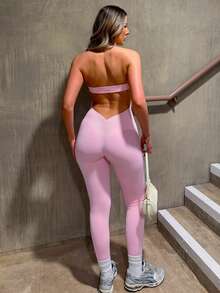 hollyjadebate Mono deportivo ajustado de color liso con cuello halter y espalda descubierta - Rosa - Ver 3