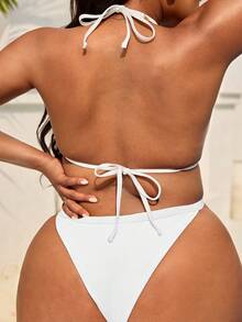 Swim Mod Plus Size Women Summer Beach Party Vacation Solid Color Ruched Halter Bikini Top All White - White - View 2