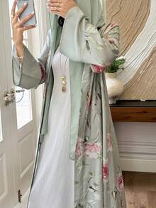 Al Najma 鼠尾草綠花卉印花女款冬季長袍，日常優雅端莊通勤款，適合洗禮賓客正式場合 - 彩色 - 查看 2