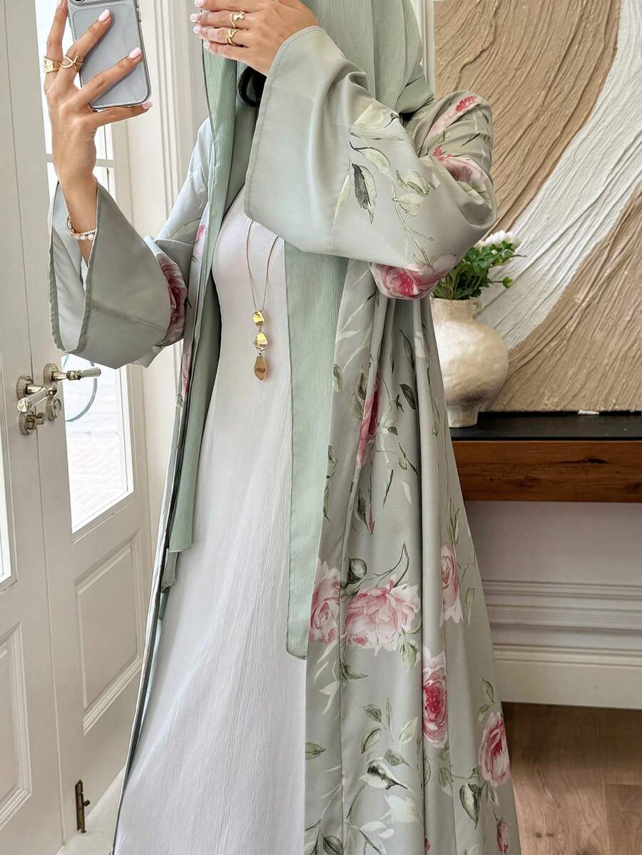Al Najma 鼠尾草綠花卉印花女款冬季長袍，日常優雅端莊通勤款，適合洗禮賓客正式場合