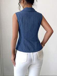 Elenzga 1pc Plus Size Women's Summer Lapel Sleeveless Fitted Asymmetrical Hem Casual Blouse - Navy Blue - View 2