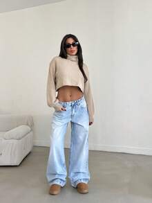 SHEIN LOW RISE WIDELEG BABY BLUE 90S JEAN CASUAL STYLE BUTTON CLOSURE PLUS SIZE - Medium Wash - View 3