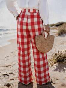 Vaclyn Women Pants Beach Red And White Plaid Boho - Red - View 3