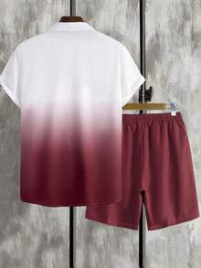 Manfinity RSRT 2pcs/Set Men's Coconut Tree Ombre Print Short Sleeve Shirt + Shorts, Vacation, Cozy Outfits, Holiday - Burgundy - View 2