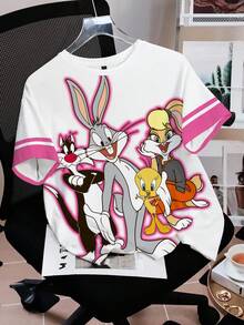 LOONEY TUNES X SHEIN Women's Fashion Cute Striped Contrast Color Short Sleeve T-Shirt - White - View 3