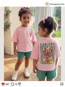 SHEIN LMoss Kids Set Kasual Kaos dan Celana Pendek Motif Garis Huruf untuk Anak Perempuan - Berwarna merah muda - View 2