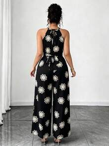 SHEIN LUNE CURVE Plus Size Women's Elegant Spaghetti Strap Printed Pattern Jumpsuit Suitable For Vacation Beach Black Summer - Black - View 2