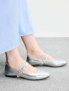 CUCCOO BIZCHIC Spring And Autumn Metal Buckle Contrasting Color Hemming Round Toe Flat Bottom, Retro Style Mary Jane Shoes Commuting Shopping - Silver - View 8